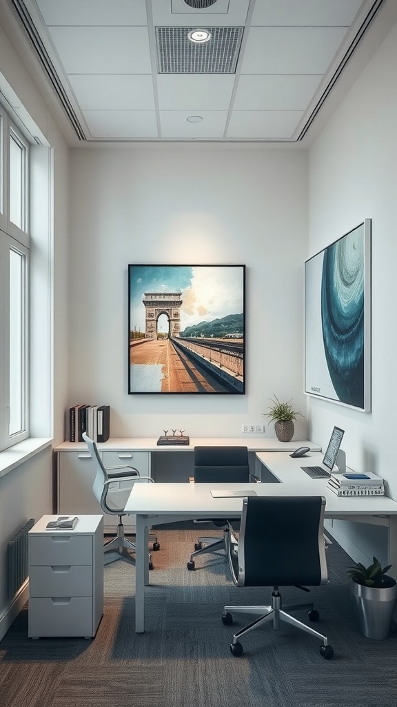 An office interior featuring two pieces of artwork, a sleek desk, and a modern chair arrangement.