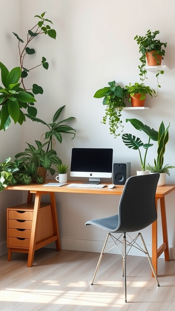 A corner desk decorated with various plants, including potted greens on the desk and wall shelves, creating a lively workspace.
