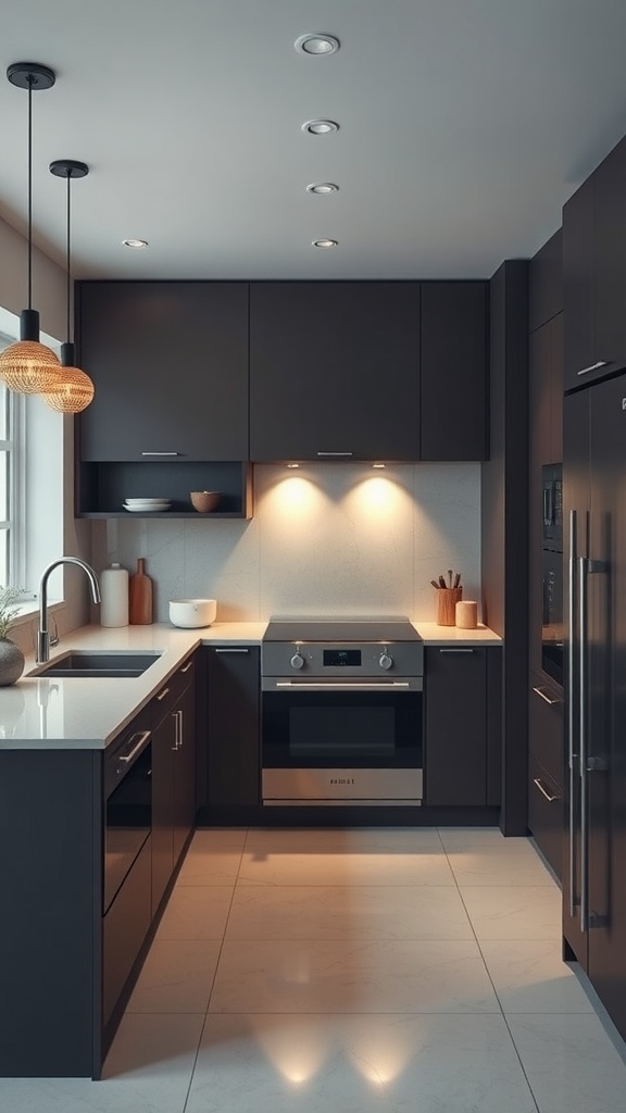 A modern U-shaped kitchen featuring sleek dark cabinetry and smart appliances.