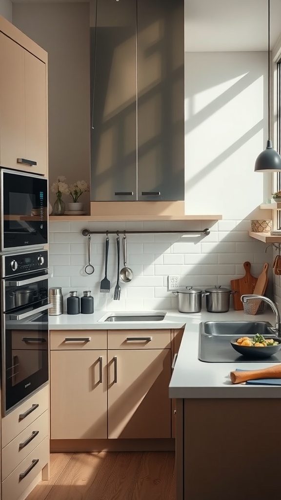 A modern U-shaped kitchen showcasing integrated technology and smart storage solutions.