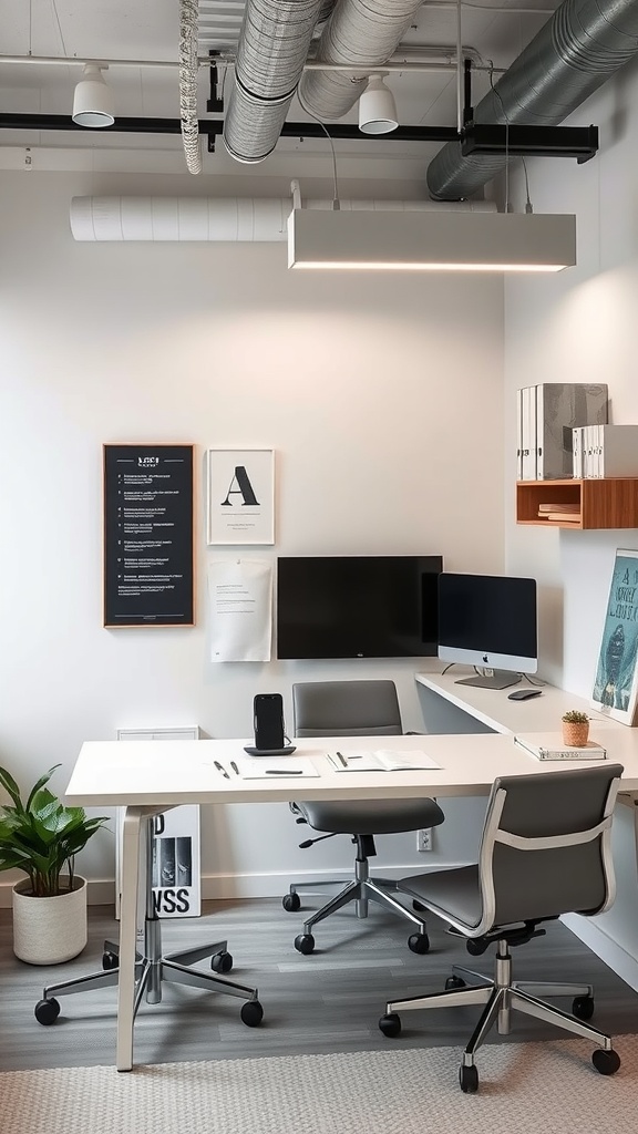 A modern small office with a dual-monitor setup, minimalistic furniture, and a touch of greenery.