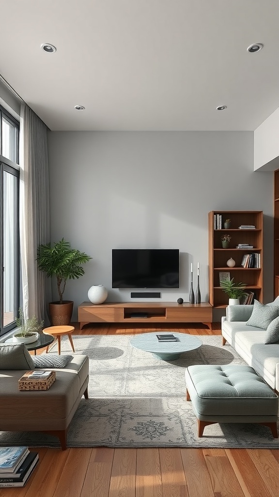 A modern living room with a sleek TV, comfortable seating, and stylish decor.