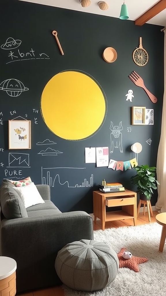 Living room with a large chalkboard wall featuring doodles and notes, embodying a Japandi design aesthetic.