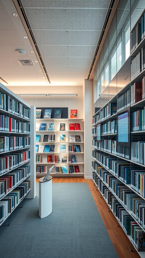 A modern library interior with wall-mounted book displays and integrated screens