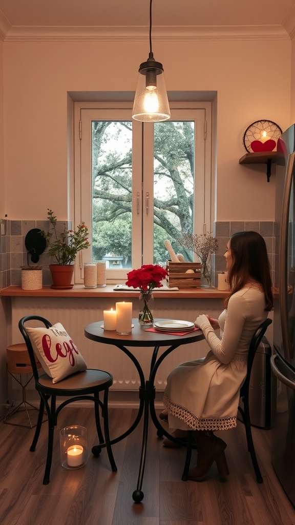 A woman sitting at a cozy kitchen nook, with a small round table set for two, surrounded by soft lighting and decorations.