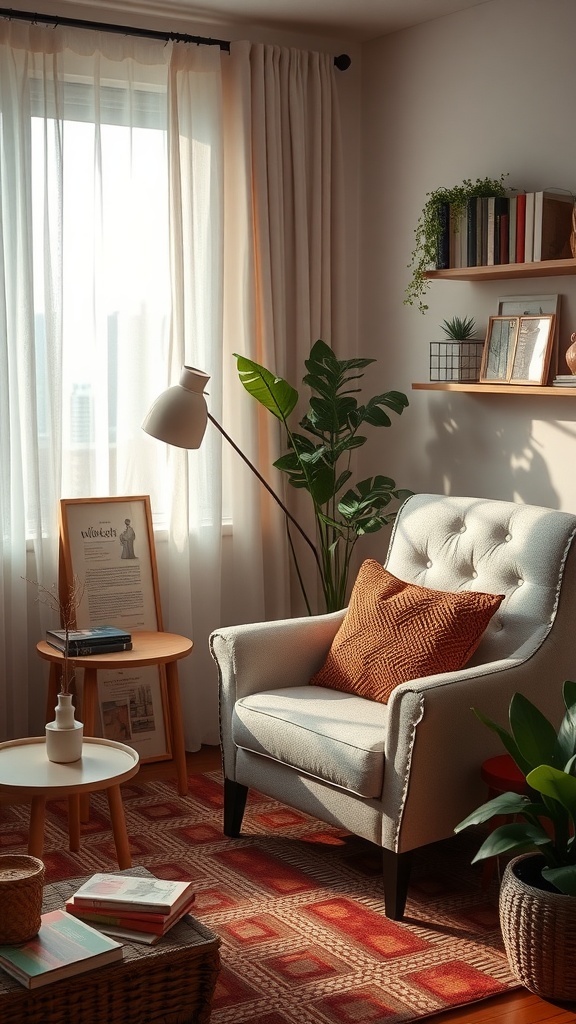 A cozy living room nook with a comfortable armchair, a side table, books, and plants, bathed in soft natural light.