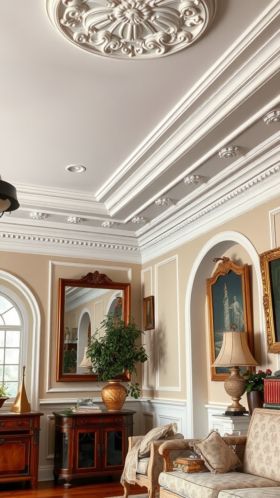 A living room showcasing intricate crown molding, featuring elegant decor and warm colors.