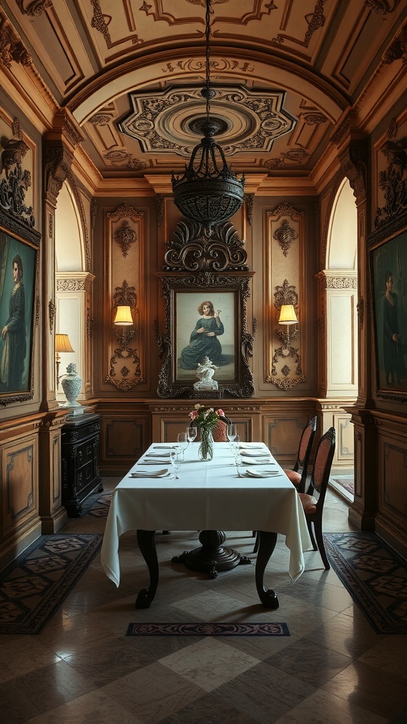 Luxurious Italian dining room in Bari with intricate detailing, a chandelier, and framed portraits.