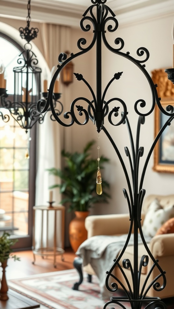 A living room featuring intricate black ironwork, cozy seating, and large windows that bring in natural light.