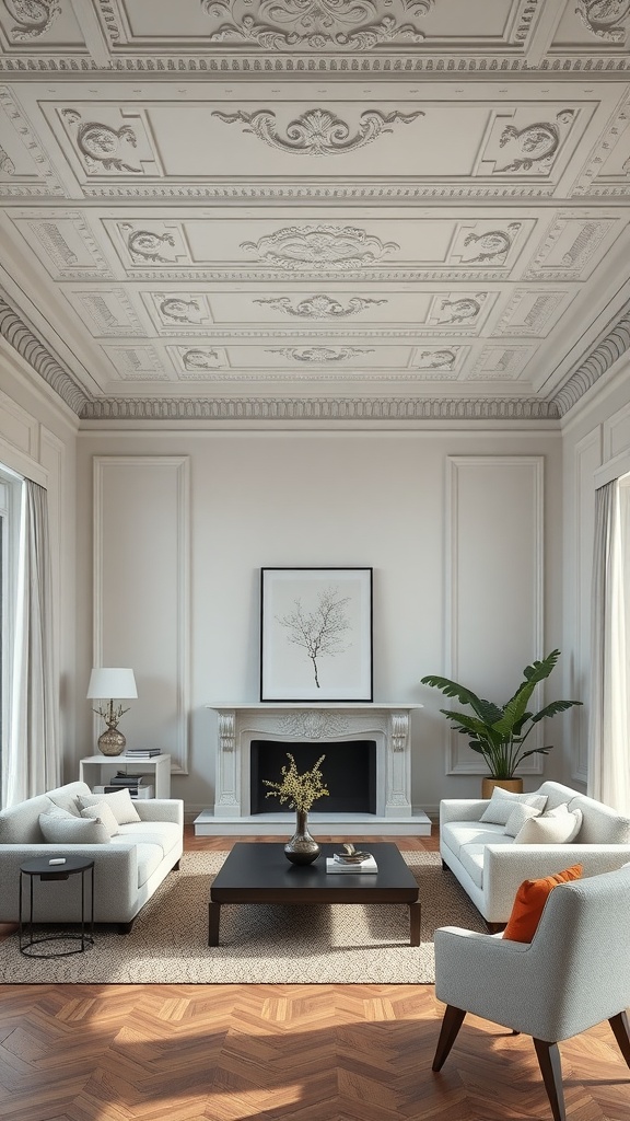 A modern living room featuring intricate ceiling moldings, contemporary sofas, and a minimalist decor style.