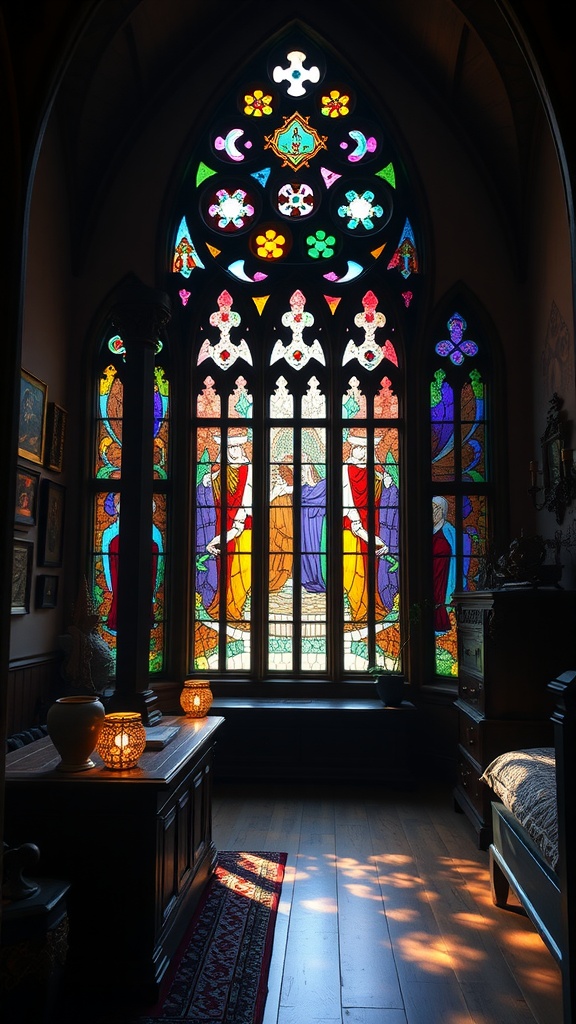 A gothic bedroom featuring an intricate stained glass window with colorful patterns and designs.