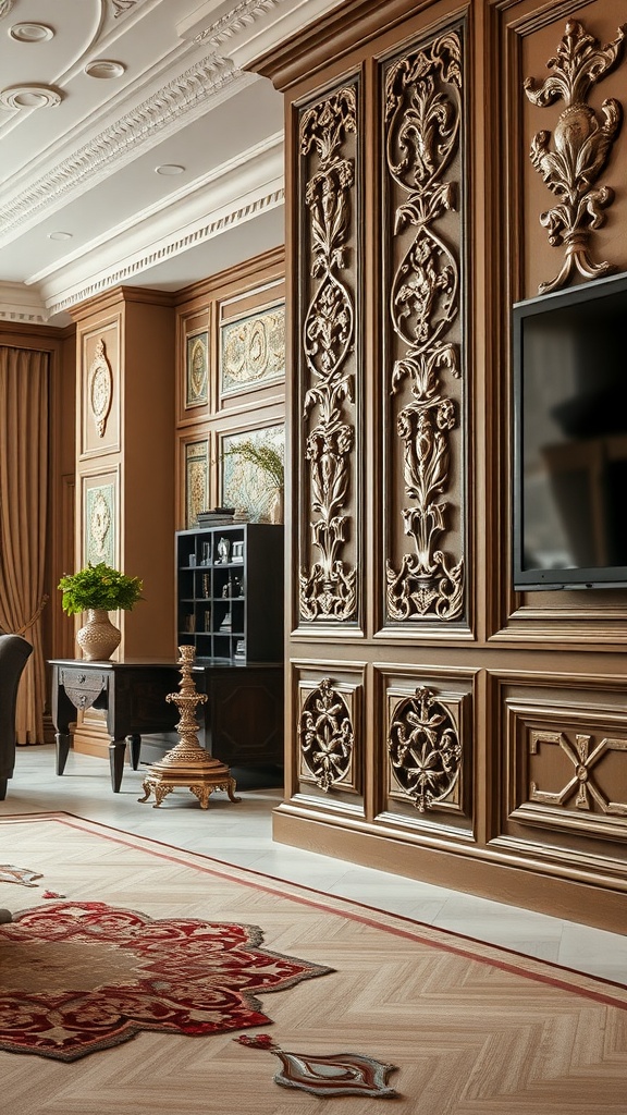 An elegant living room with intricate wall paneling showcasing ornate carvings and rich colors.