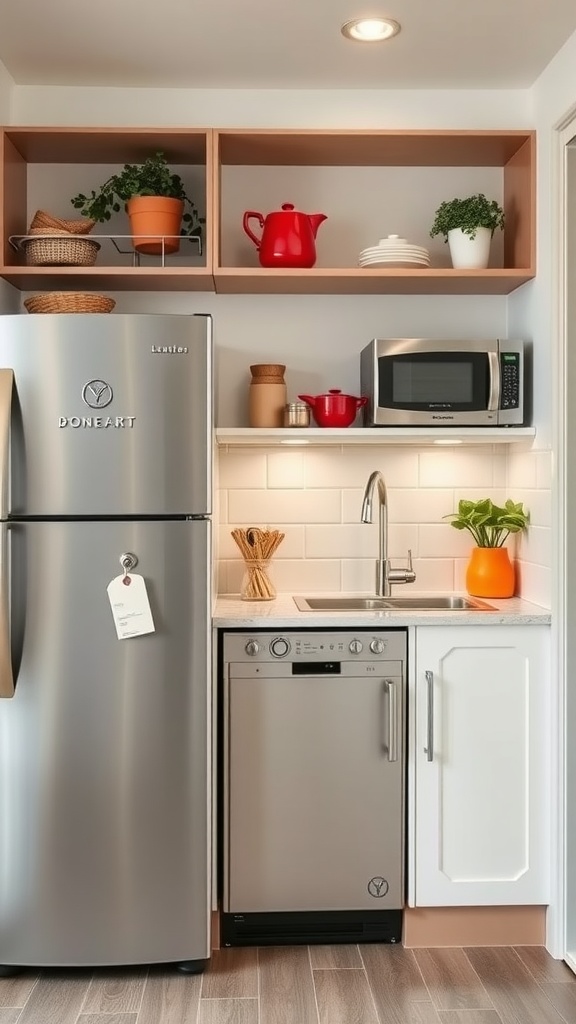 Compact kitchen with a fridge, dishwasher, and microwave, showcasing efficient design