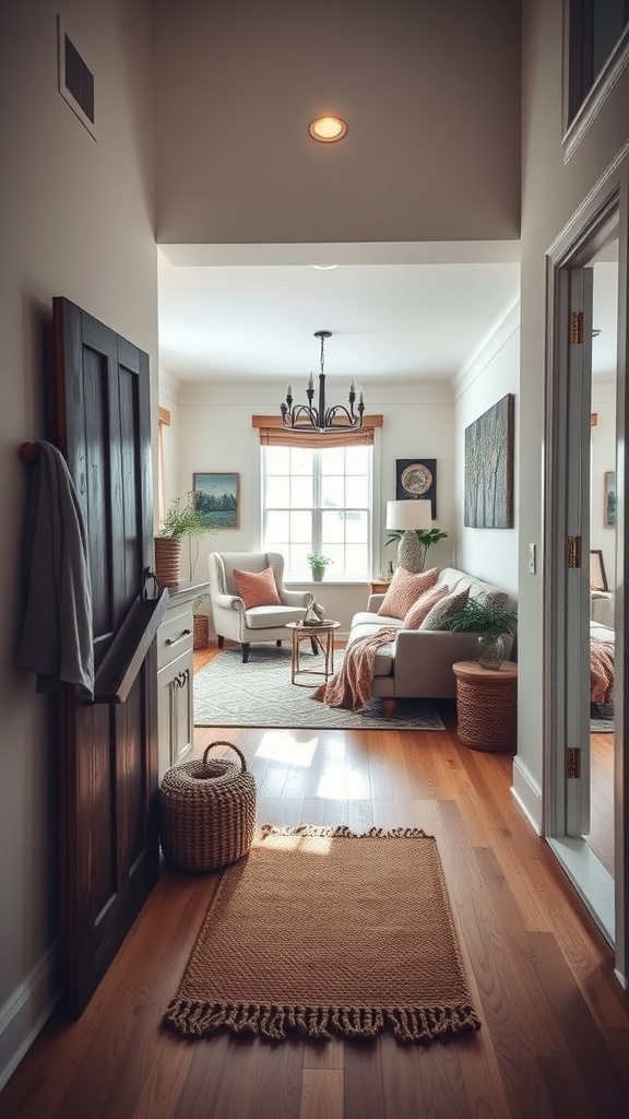 Cozy entryway leading into a softly lit living room, featuring a wooden door, woven basket, and a knitted rug.