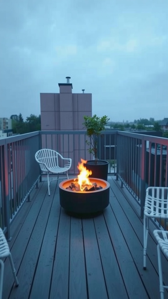 A small balcony with a fire pit surrounded by two white chairs and a potted plant