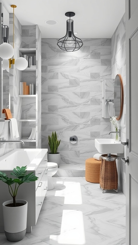 A gray and white bathroom featuring a modern design with marble tiles, white cabinetry, and plants.