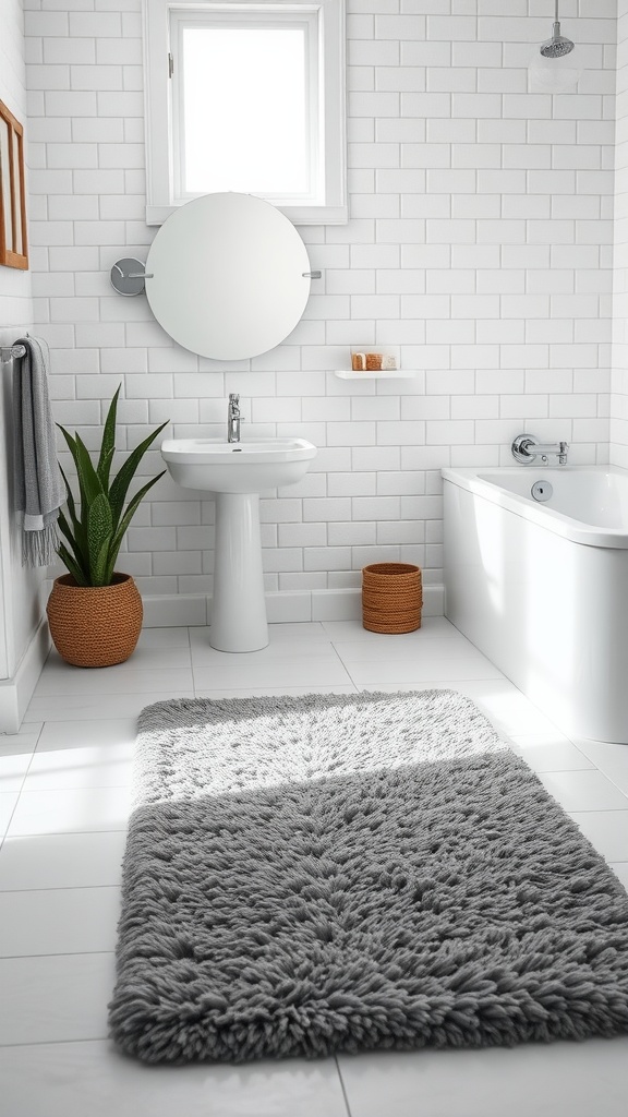 Gray area rug placed on a white tiled bathroom floor, surrounded by modern fixtures and greenery.