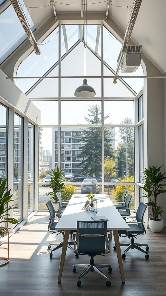 A bright and airy small office space featuring large windows, desks, and plants.
