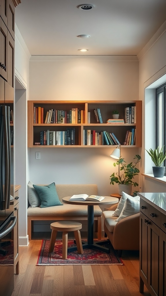 A cozy reading nook in a kitchen with a bench, bookshelves, and a small table.