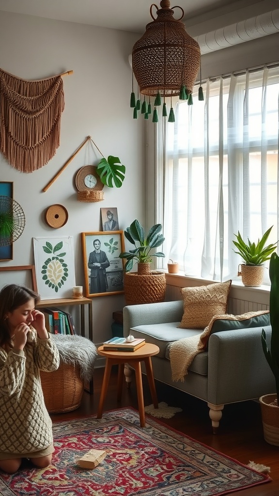 A cozy and inviting workspace featuring natural textiles, plants, and warm lighting.