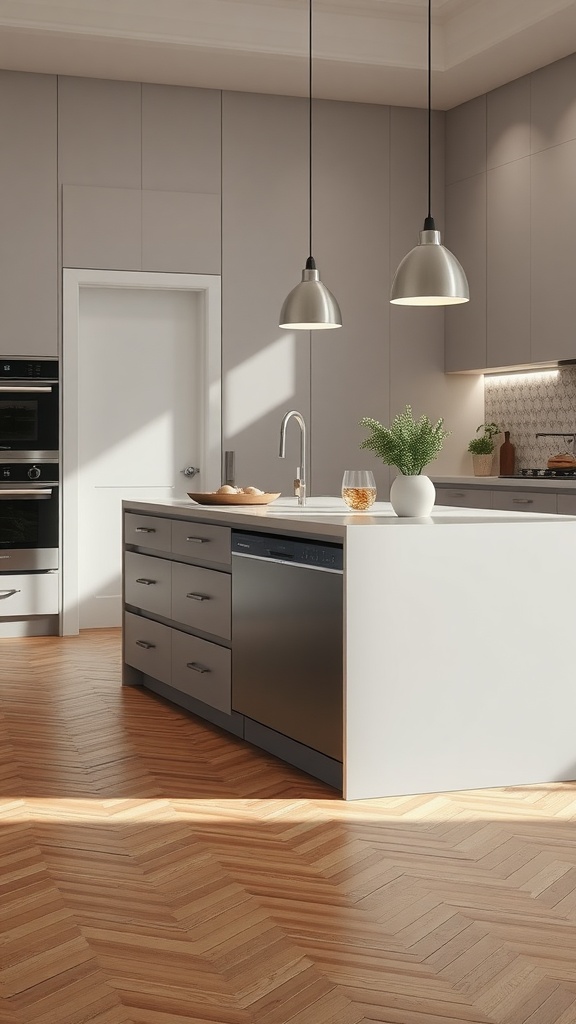 A modern kitchen island with an integrated dishwasher and stylish pendant lights.