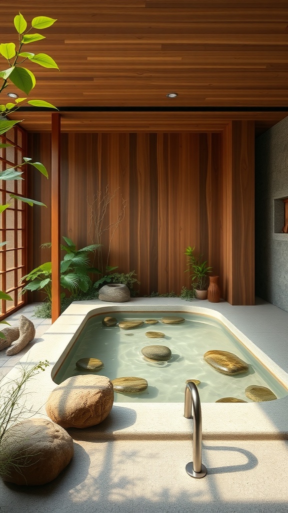 A Japanese onsen-inspired bathroom featuring a stone tub, wooden walls, and indoor plants.