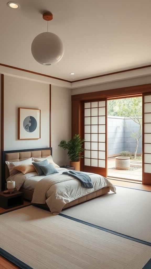 A serene master bedroom featuring sliding doors and Zen decor