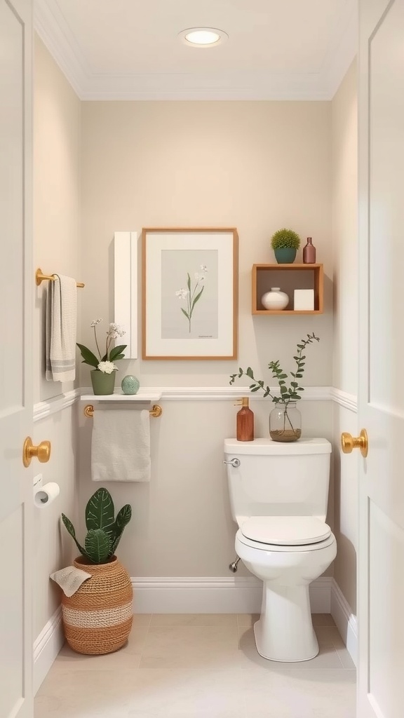 A small bathroom with light beige walls, golden fixtures, and decorative plants.