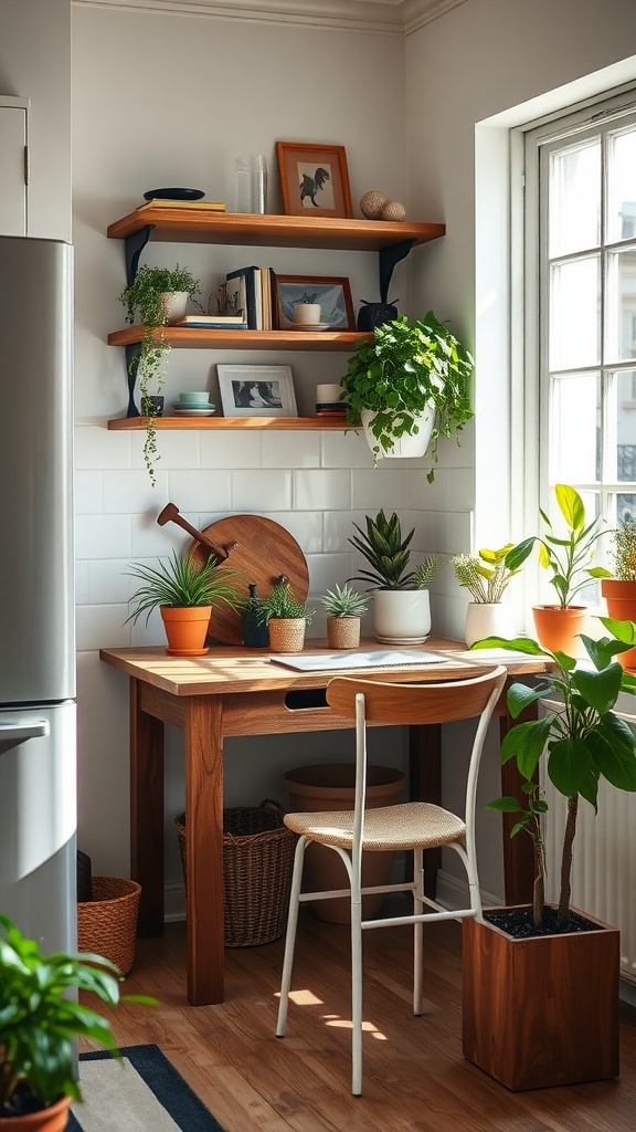Cozy kitchen corner workspace with wooden desk and plants