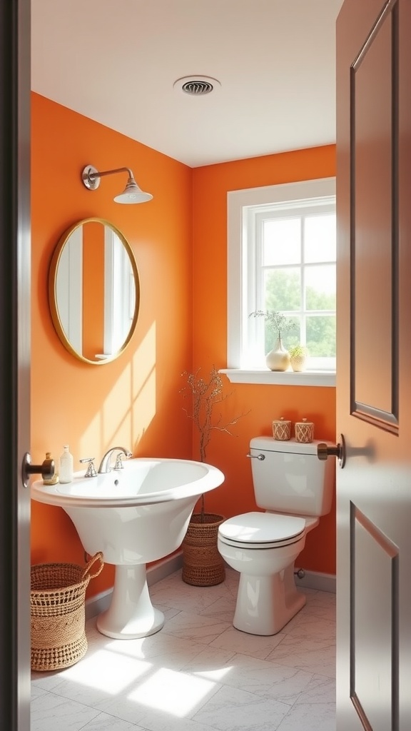 Small bathroom with Knockout Orange walls, white fixtures, and natural light