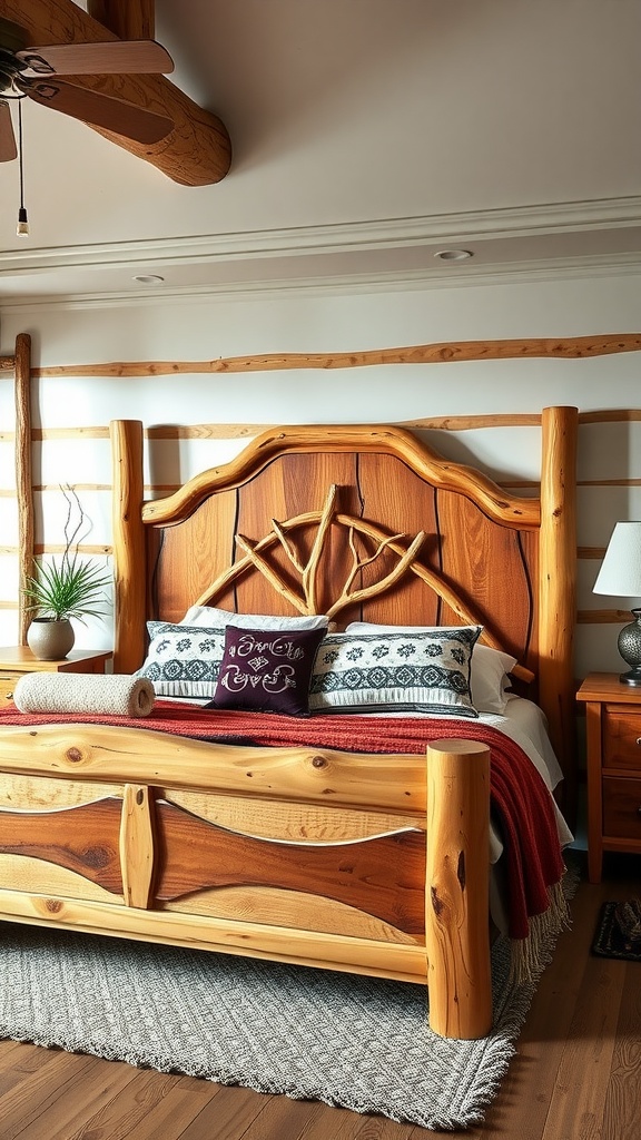 A cozy rustic bedroom featuring a knotty pine bedframe and headboard with branches.