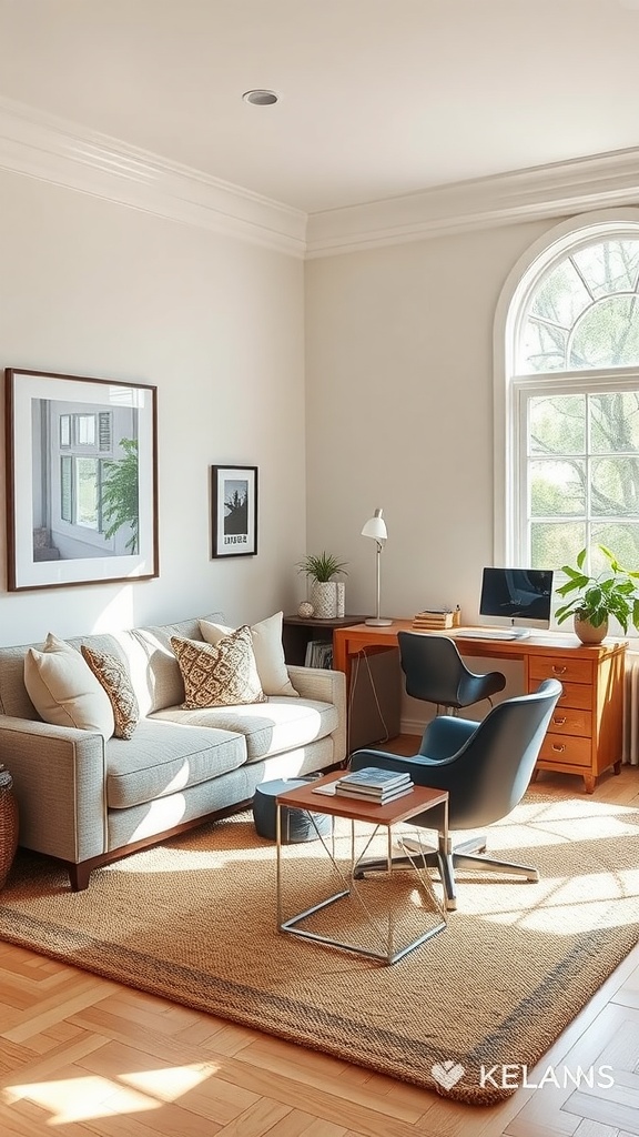 Cozy home office with an L-shaped couch and a desk by the window