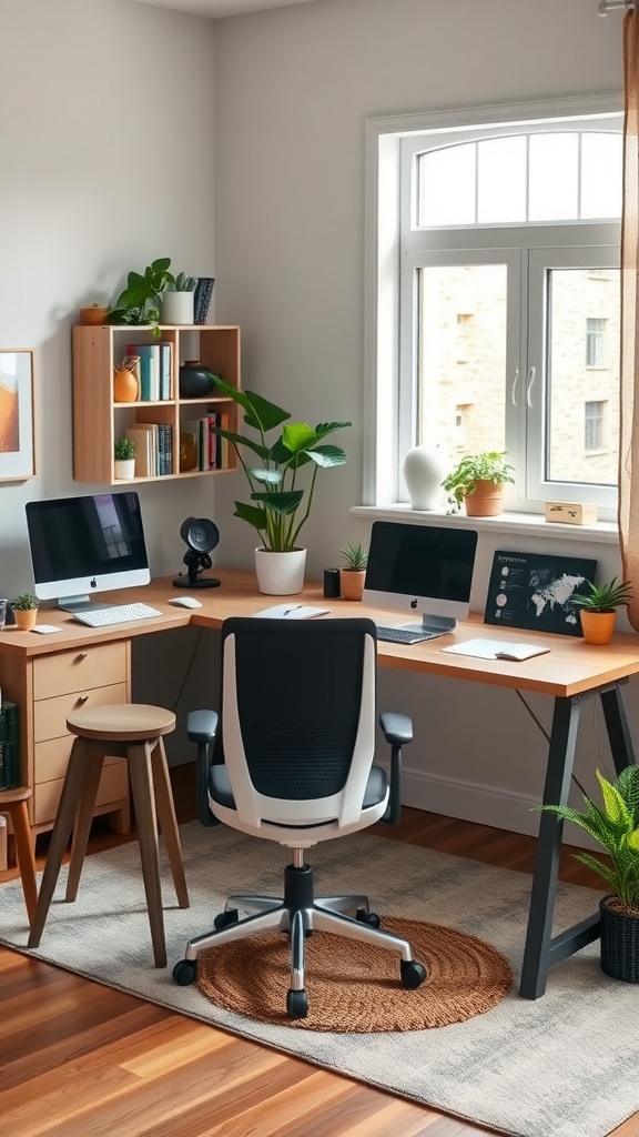 Home office with an L-shaped desk, two monitors, a comfortable chair, and plants, creating a cozy workspace.
