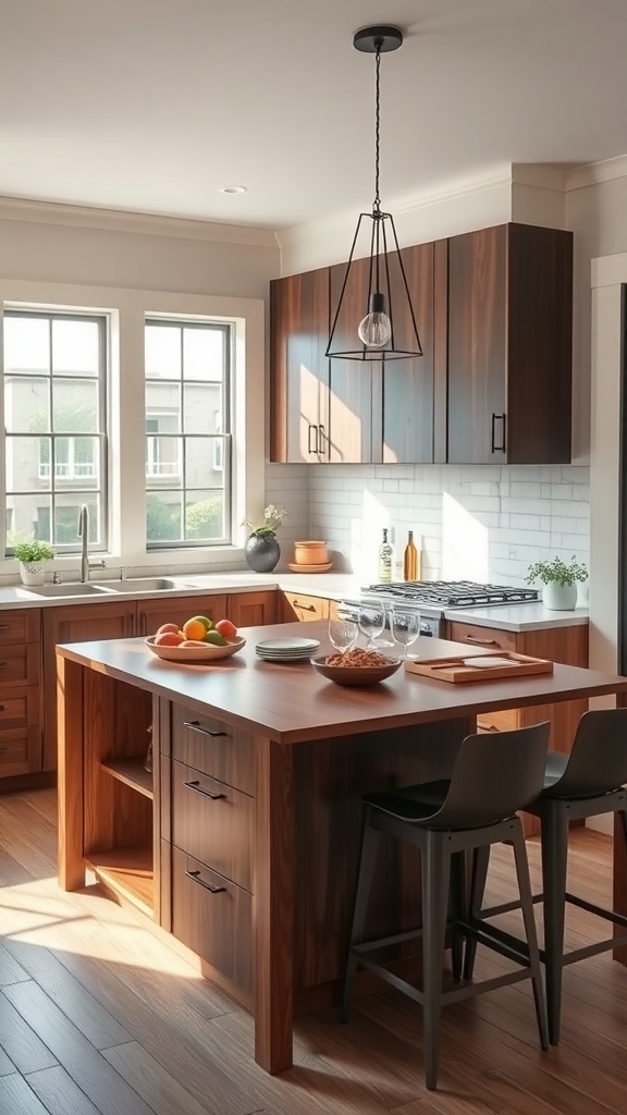 A cozy kitchen featuring a warm wood L-shaped island with seating and decorative items.