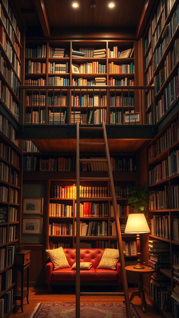 A home library with a ladder leading to a second floor full of books, featuring a cozy red sofa and warm lighting.