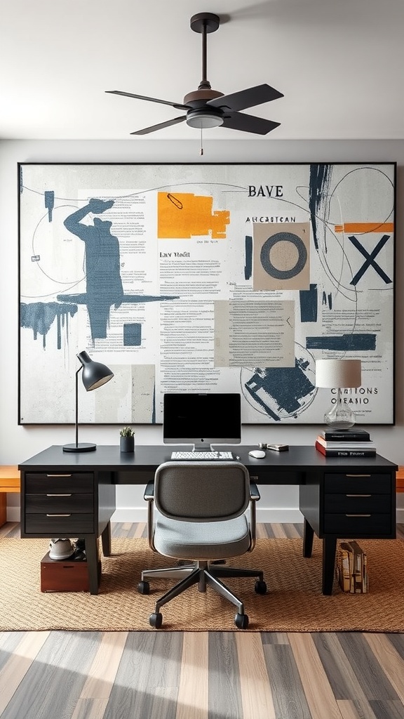 A modern home office featuring large-scale abstract artwork on the wall, with a sleek desk and contemporary decor.