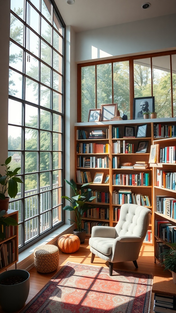 Cozy home library with large windows, bookshelves, and a reading nook