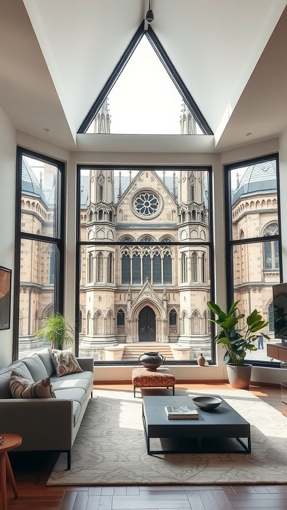 A modern living room with large windows showcasing Gothic architecture outside.