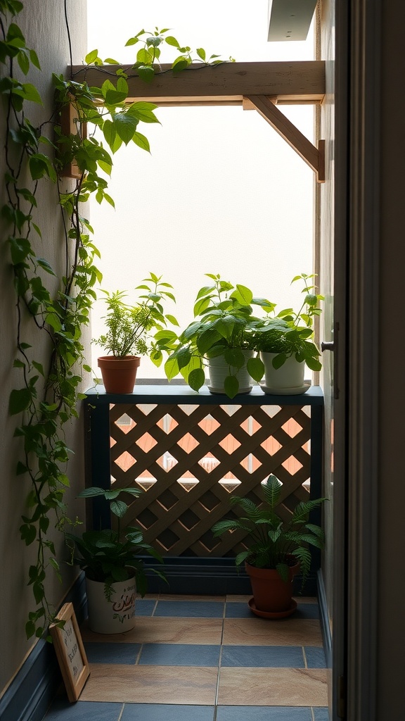 A small balcony featuring a wooden lattice work for climbing plants, with various potted plants and a neat tiled floor.