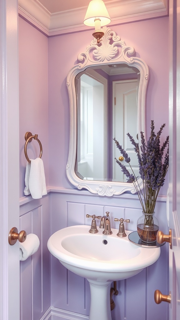A small bathroom painted in lavender with a white sink, ornate mirror, and decorative flowers.