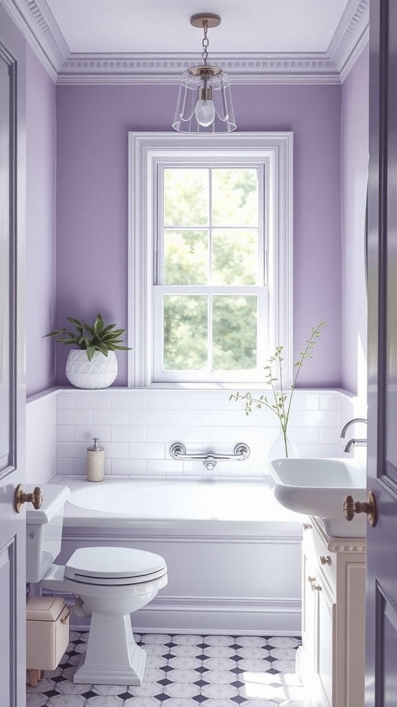 A small bathroom painted lavender featuring a white tub, sink, and decorative plants.