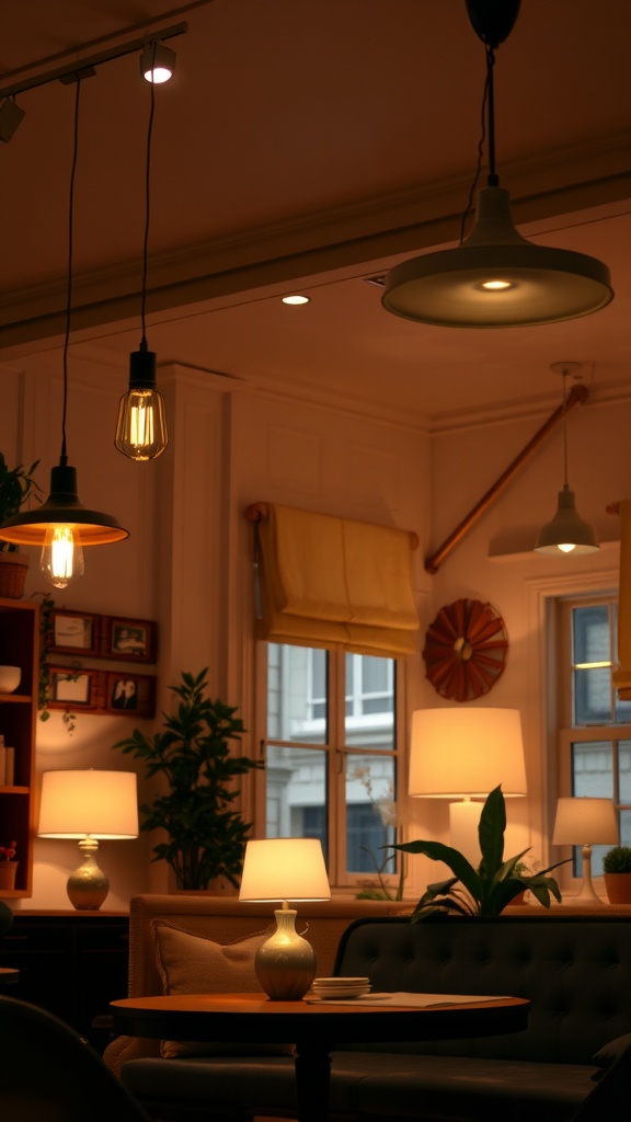A cozy room with various types of lighting including pendant lights and table lamps.