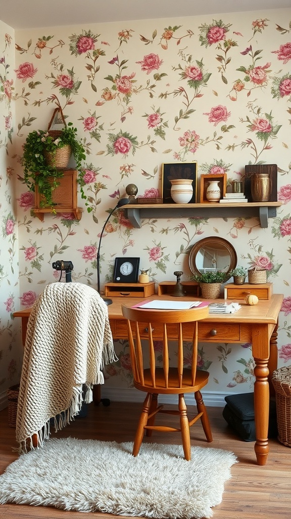Cozy home office with floral wallpaper, wooden desk, knitted throw, and various decor items