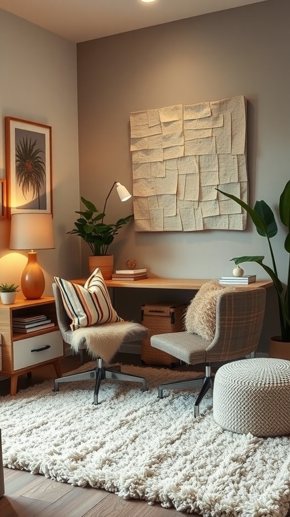 Cozy home office with textured rug, seating, and plants