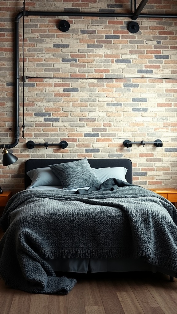 A modern industrial bedroom featuring a gray bedspread, woven throw, and a brick wall.