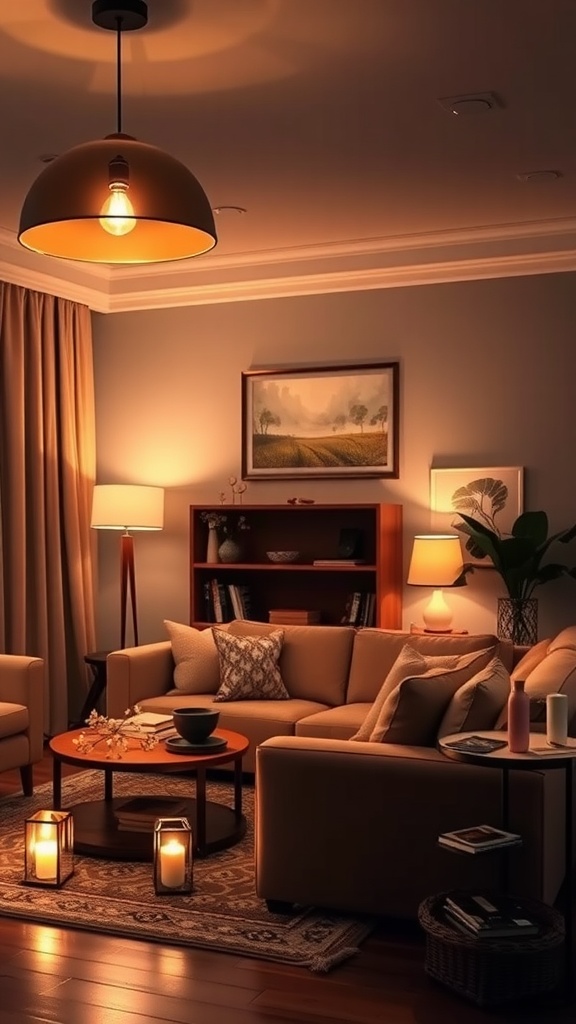 A cozy living room with layered lighting, featuring a pendant light, floor lamp, and candles, creating a warm ambiance.