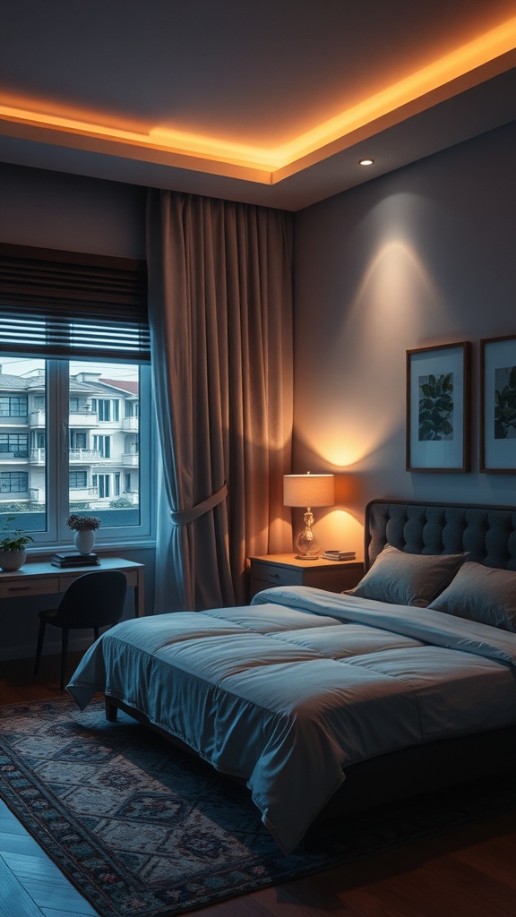 A well-designed bedroom with layered lighting, featuring ceiling lights and a bedside lamp, creating a cozy atmosphere.