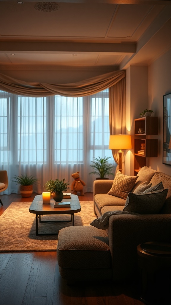 A cozy living room featuring layered lighting, including a table lamp and candle, creating a warm atmosphere.