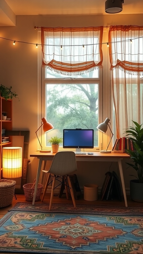 A cozy Boho home office with layered lighting featuring a desk with task lamps, a floor lamp, and sheer curtains.