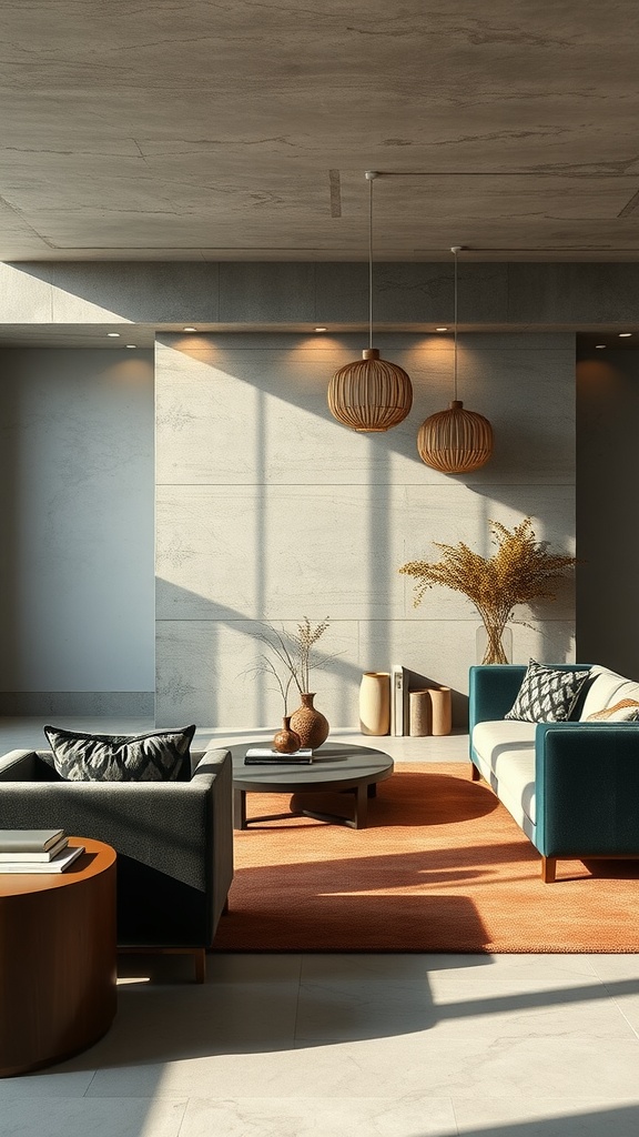 A modern living room featuring layered lighting with concrete walls and velvet furniture.